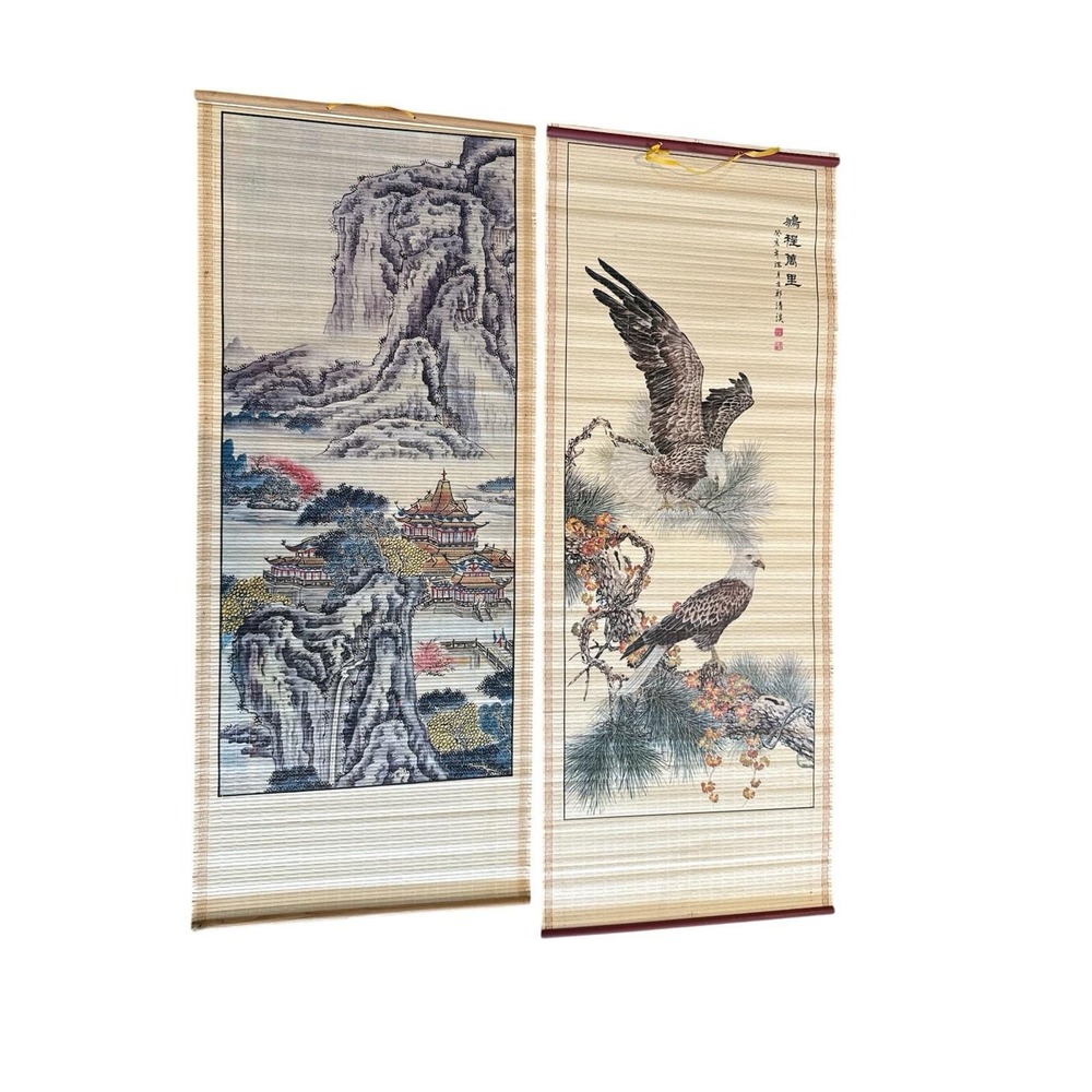 vintage Asian bamboo scroll wall hangings landscape and eagle designs 2 Pieces - Picture 3 of 3